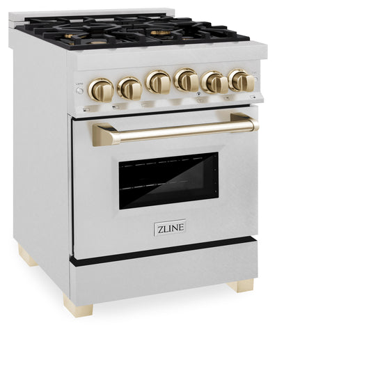 ZLINE Autograph Edition 24" 2.8 cu. ft. Dual Fuel Range with Gas Stove and Electric Oven in Fingerprint Resistant Stainless Steel with Polished Gold Accents (RASZ-SN-24-G)