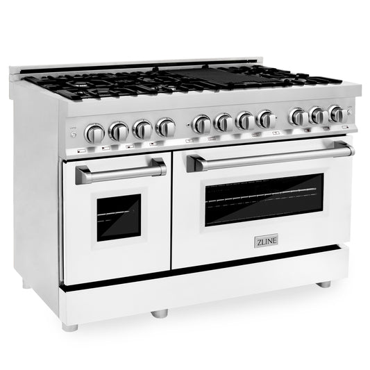 ZLINE 48" 6.0 cu. ft. Dual Fuel Range with Gas Stove and Electric Oven in Stainless Steel and White Matte Door (RA-WM-48)